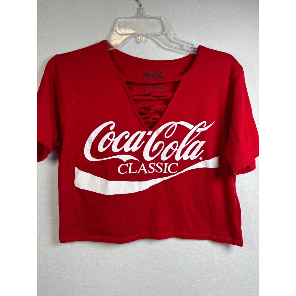 Coca Cola Classic Womens L 11/13 Red Crop Top Strappy V Neck Graphic Tee 2019.